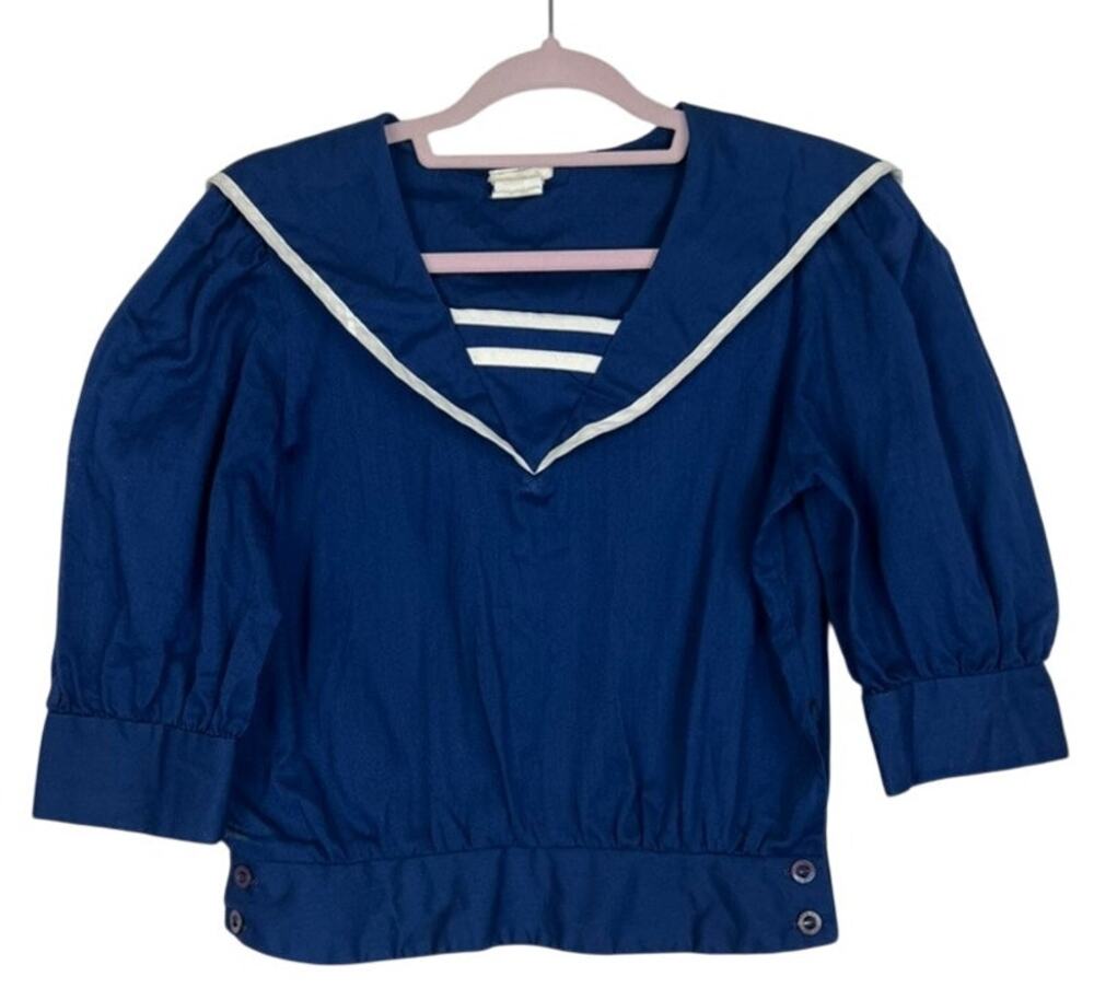 Vtg At Once Casual Blue & White 3/4" Sleeves Cropped Top Nautical Sailor Navy